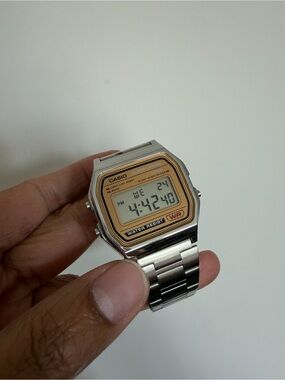 Casio Vintage Digital Stainless Steel Watch - Silver with Gold Dial